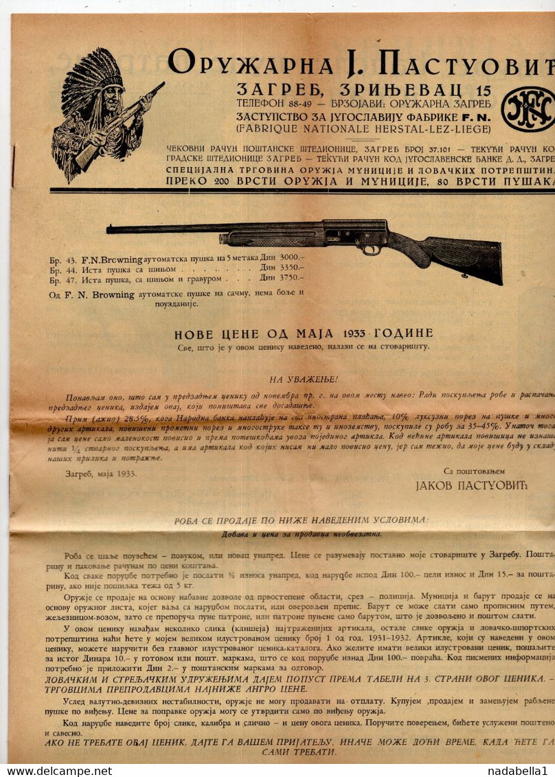 1933. KINGDOM OF YUGOSLAVIA,CROATIA,ZAGREB,PASTUOVIC ARM SALER,CATALOGUE WITH PRICE LIST,GUNS AND RIFLES - Material Y Accesorios