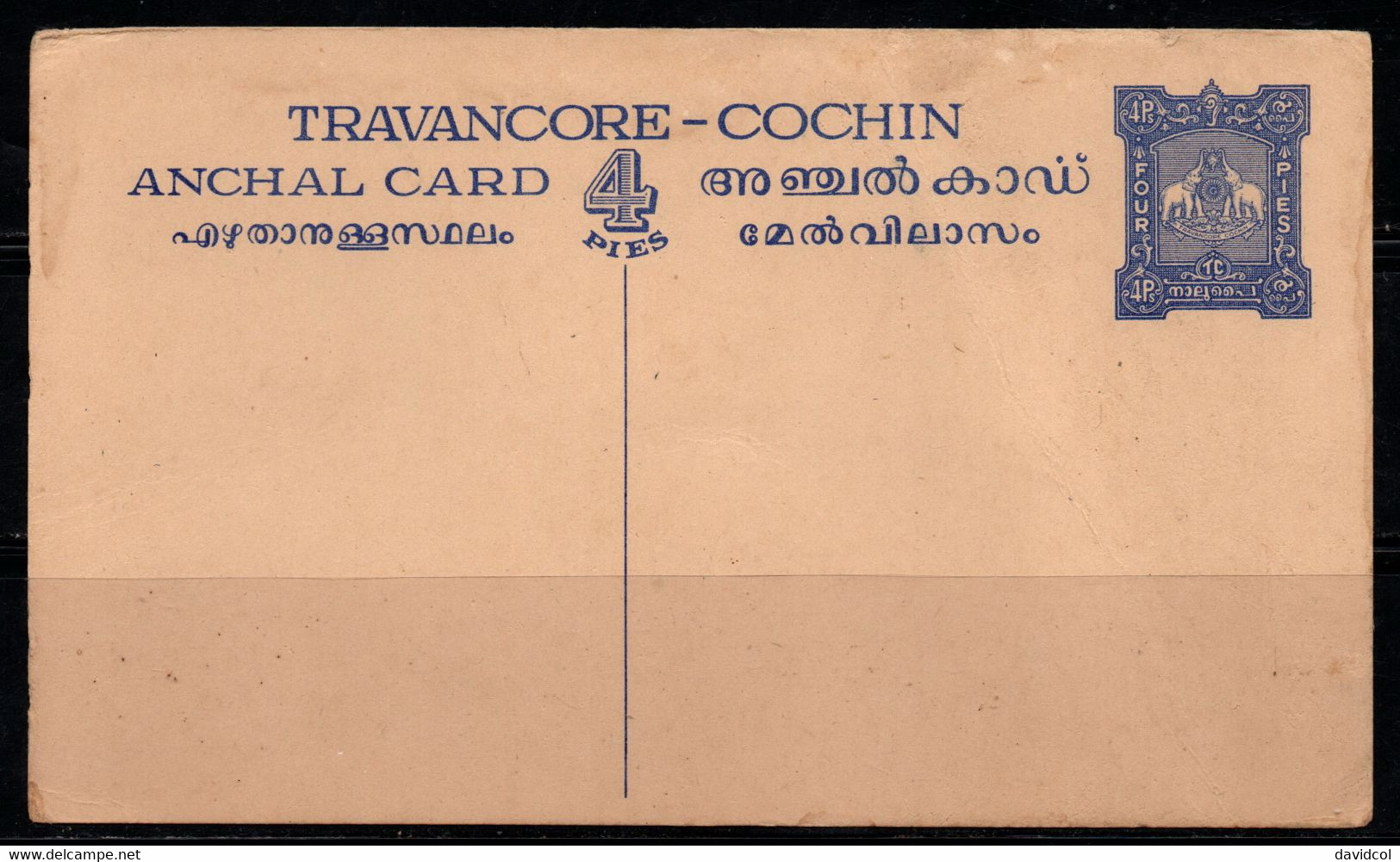 CA408- COVERAUCTION!!! - INDIA - TRAVANCORE-COCHIN -MINT STATIONERY POSTCARD - Travancore-Cochin