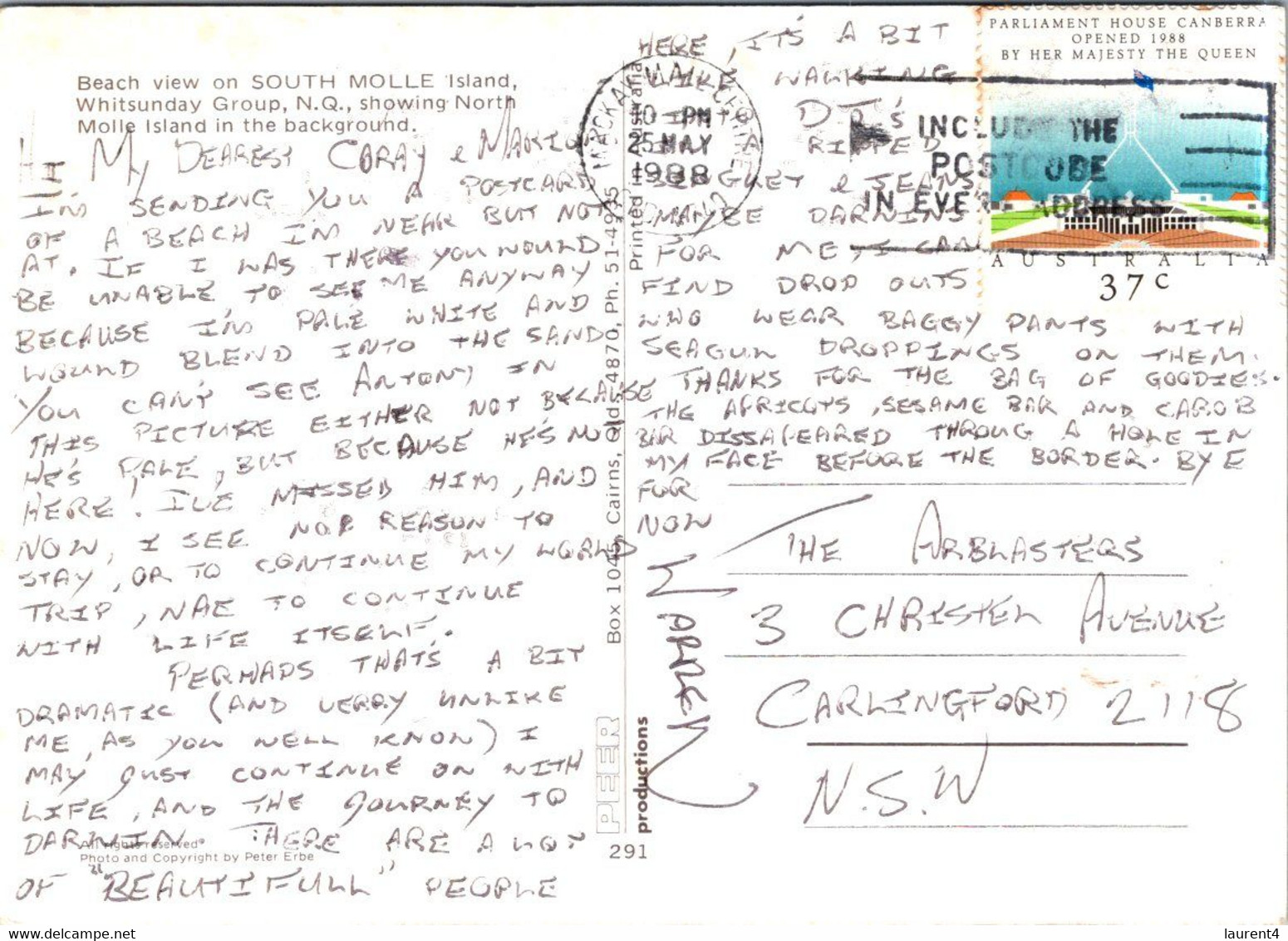 (2 J 65) (OZ) Australia - QLD - South Molle Island (posted 1988 With Parliament Stamp) - Great Barrier Reef