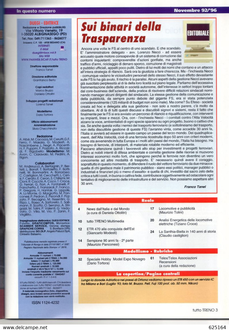 Magazine TUTTO TRENO No 92 Novembre 1996   - En Italien - Sin Clasificación