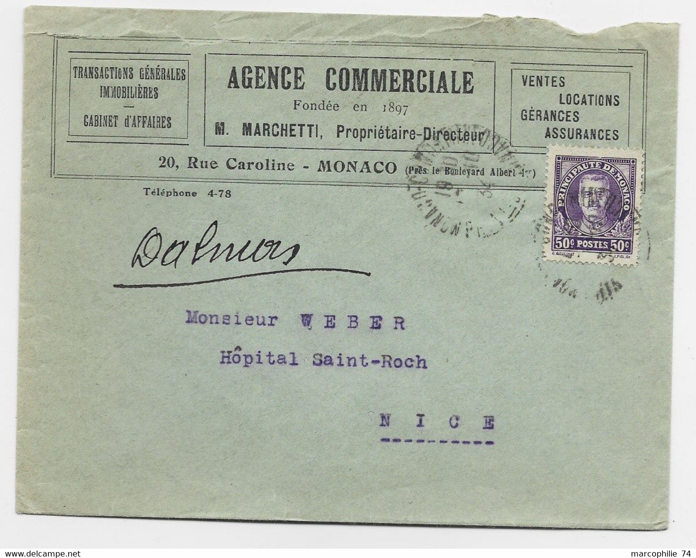 MONACO  50C VIOLET LETTRE COVER ENTETE AGENCE COMMERCIALE ASSURANCE IMMOBILIERE MONACO 1934 TO NICE - Lettres & Documents