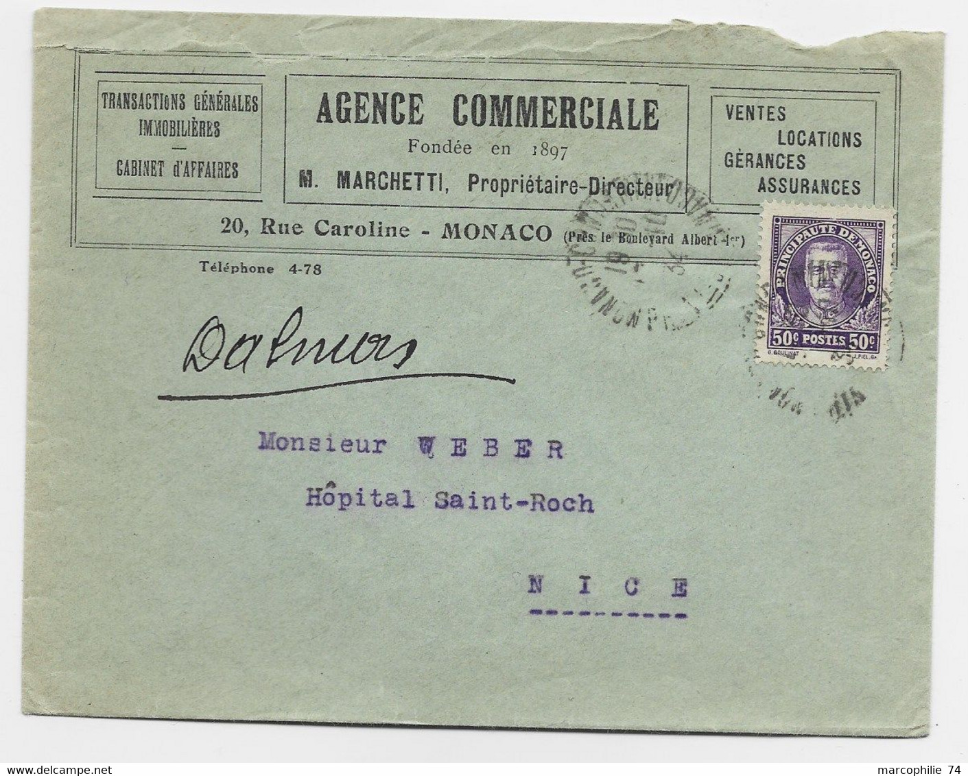 MONACO  50C VIOLET LETTRE COVER ENTETE AGENCE COMMERCIALE ASSURANCE IMMOBILIERE MONACO 1934 TO NICE - Briefe U. Dokumente