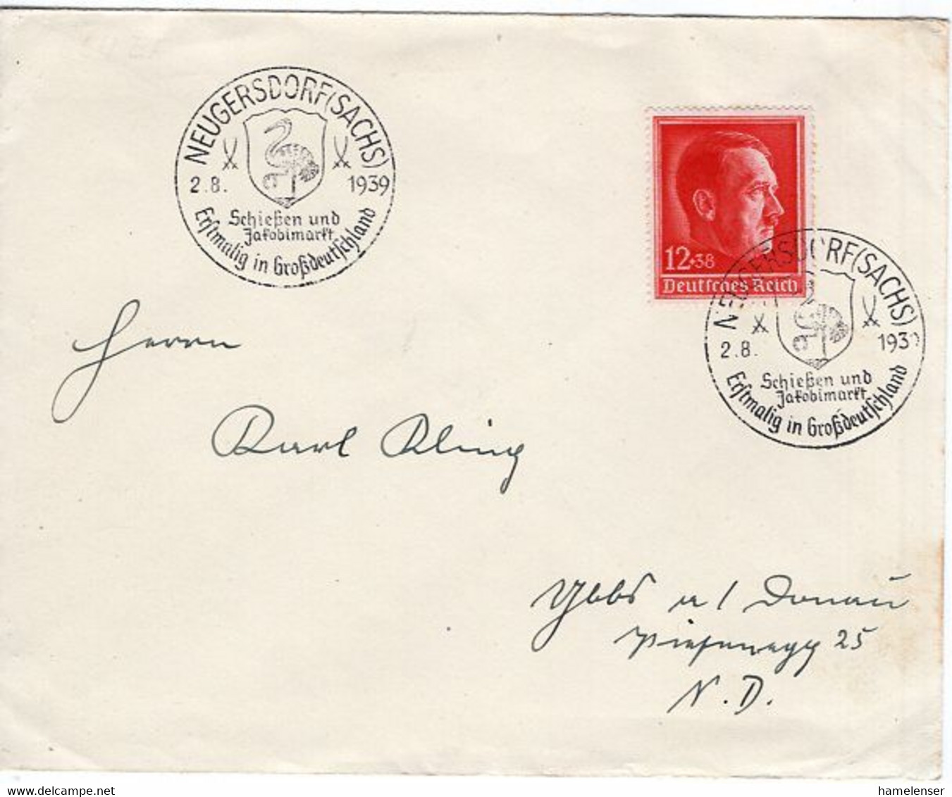 54292 - Deutsches Reich - 1939 - 12Pfg Hitlers Geburtstag EF A Bf M SoStpl NEUGERSDORF - SCHIESSEN U. JAKOBIMARKT-> Ybbs - Covers