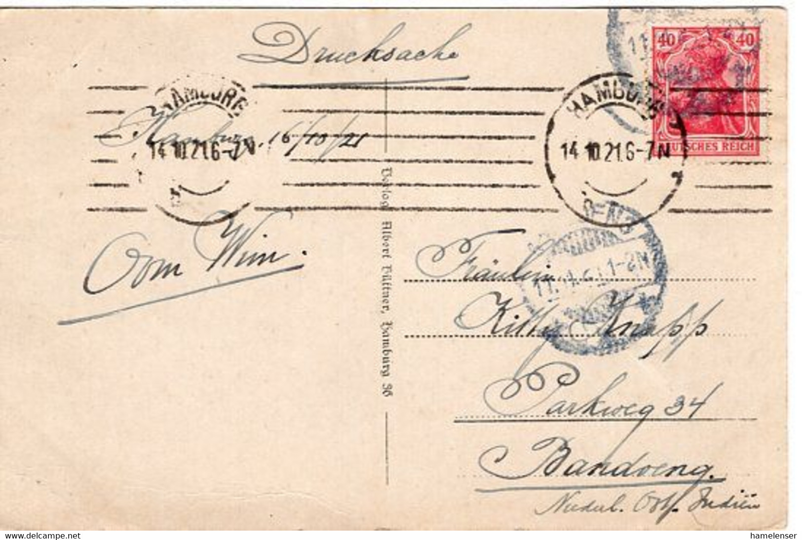 54323 - Deutsches Reich - 1921 - 40Pfg Germania EF A AnsKte HAMBURG -> BANDOENG (Niederl.-Ostindien) - Lettres & Documents