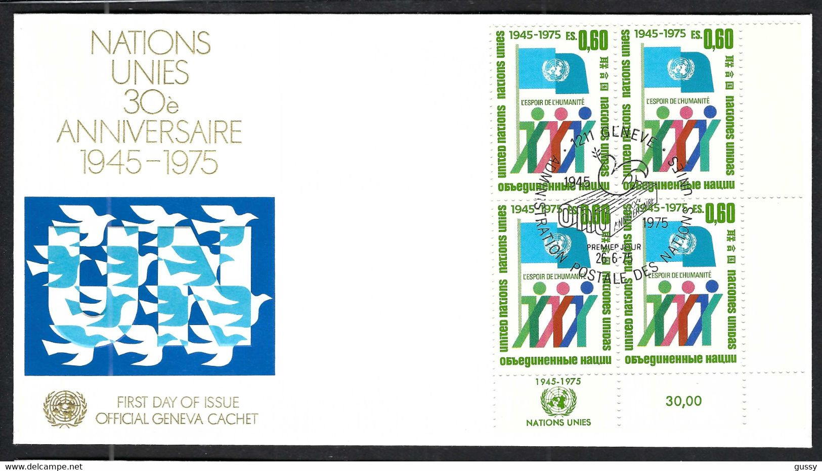 NATIONS UNIES Genève 1975: FDC Du 30ème Anniversaire - Brieven En Documenten