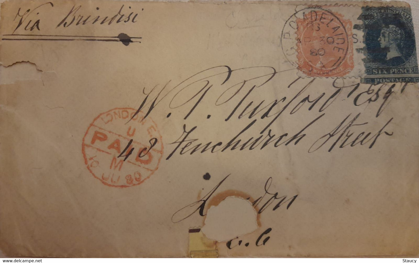 SOUTH AUSTRALIA 1880 QV 6d Blue + 2d ORANGE Franked On Cover Adelaide To LONDON Via Brindisi "LONDON PAID" As Per Scan - Lettres & Documents