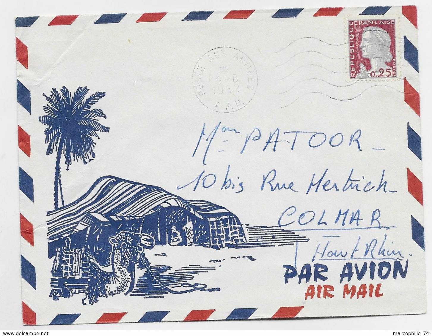 FRANCE N° 1623 SEUL LETTRE MEC SECAP POSTE AUX ARMEES  8.8.1962 A.F.N. POUR COLMAR - Guerre D'Algérie