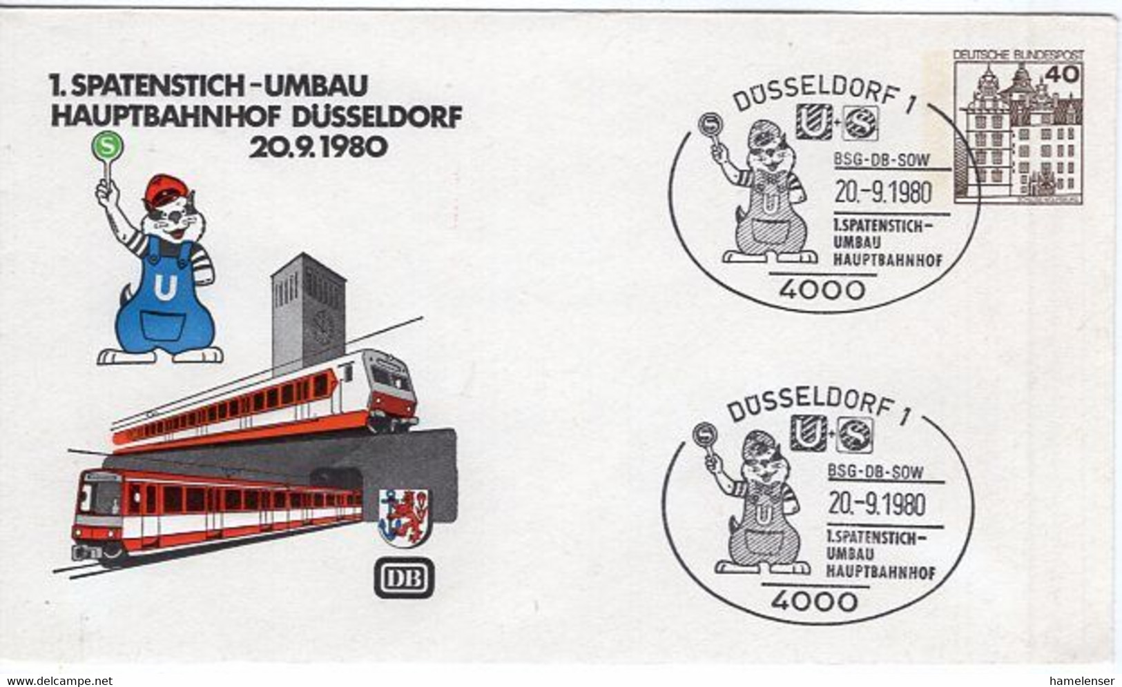 54344 - Bund - 1980 - 40Pfg B&S PGAUmschl "Duesseldorf Hauptbahnhof" M SoStpl DUESSELDORF - 1. SPATENSTICH ... - Trenes