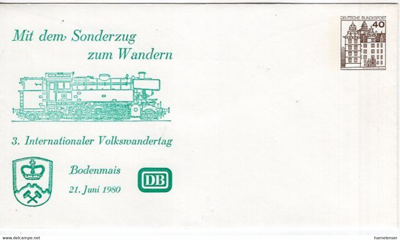 54345 - Bund - 1980 - 40Pfg B&S PGAUmschl "Sonderzug Zum Wandern ... Bodenmais", Ungebraucht - Trenes