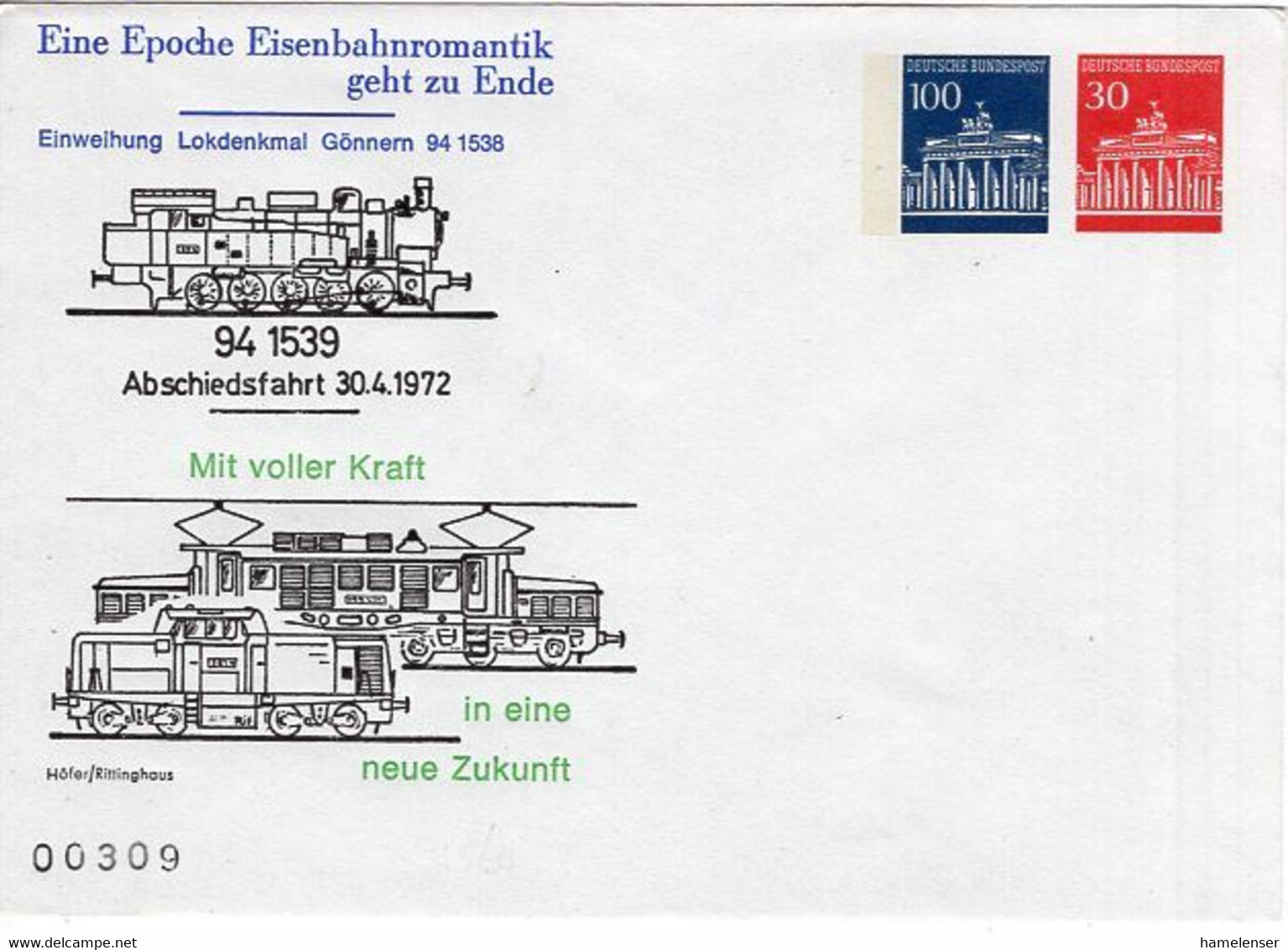 54346 - Bund - 1972 - 30Pfg&100Pfg Brandeburger Tor PGAUmschl "Abschiedsfahrt 94 1539", Ungebraucht - Trenes