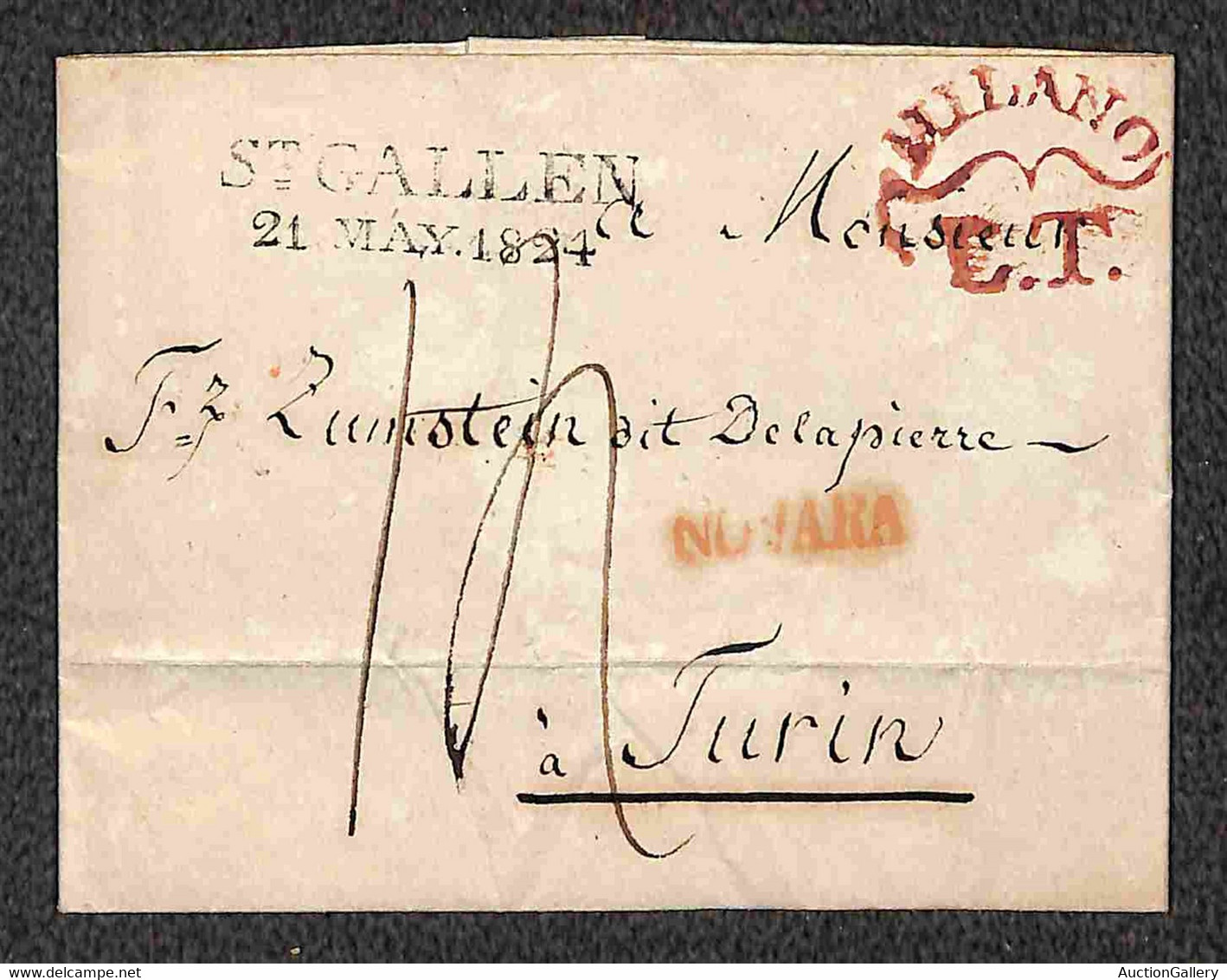 SVIZZERA - Lettera Da St. Gallen A Torino Del 21.5.1824 Via Milano E Novara - Tassata - Other & Unclassified