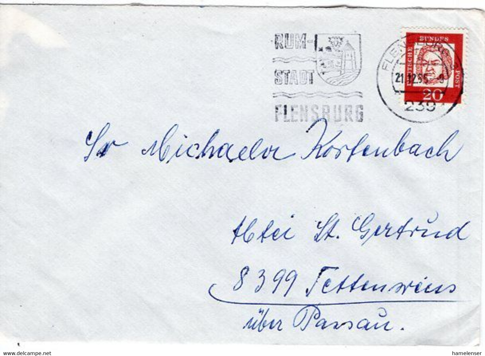 54348 - Bund - 1965 - 20Pfg Bach EF A Bf FLENSBURG - RUM-STADT FLENSBURG -> Tettenweis - Wines & Alcohols