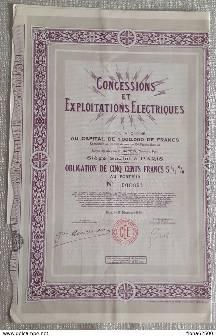 CONCESSIONS ET EXPLOITATIONS ELECTRIQUES . OBLIGATION DE CINQ CENTS FRANCS 5 1/2 % AU PORTEUR . - Elettricità & Gas