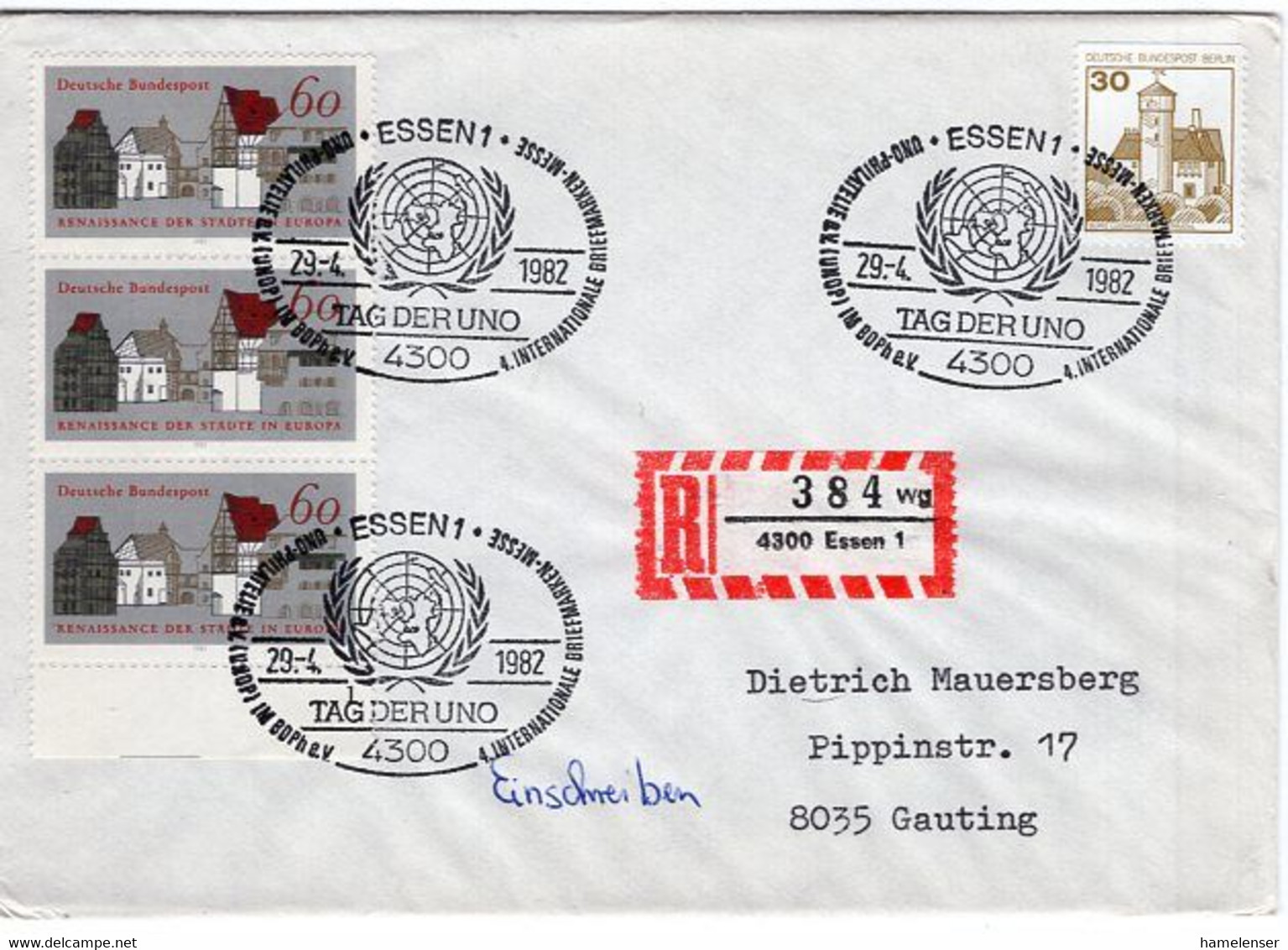 54356 - Bund - 1982 - 3@60Pfg Renaissance MiF A R-Bf SoStpl ESSEN - ... TAG DER UNO ... BRIEFMARKENMESSE -> Gauting - VN