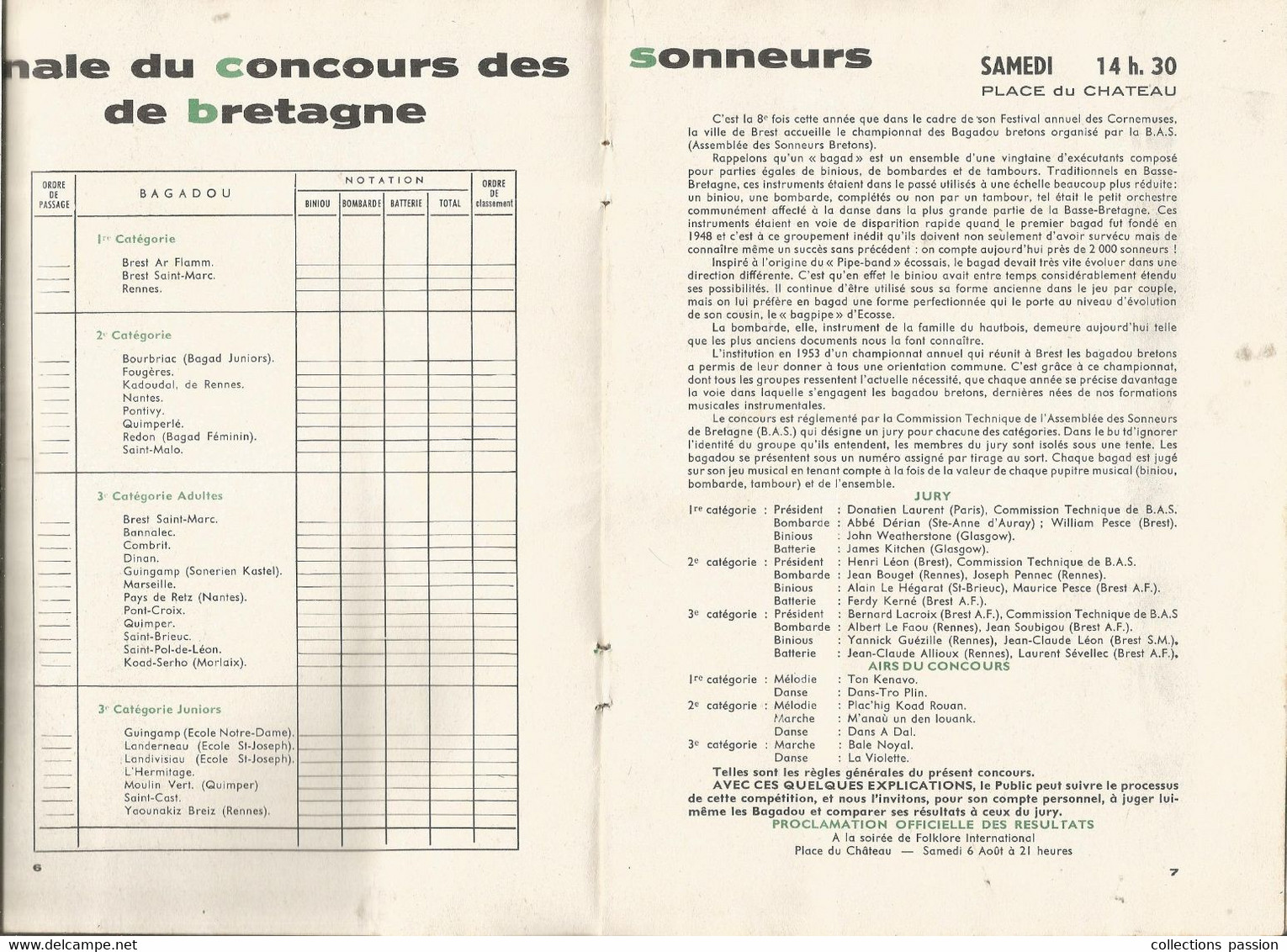 Programme, Brest, VIII E Festival International Des CORNEMUSES, 9 Scans, 1960, Frais Fr 3.35 E - Programs