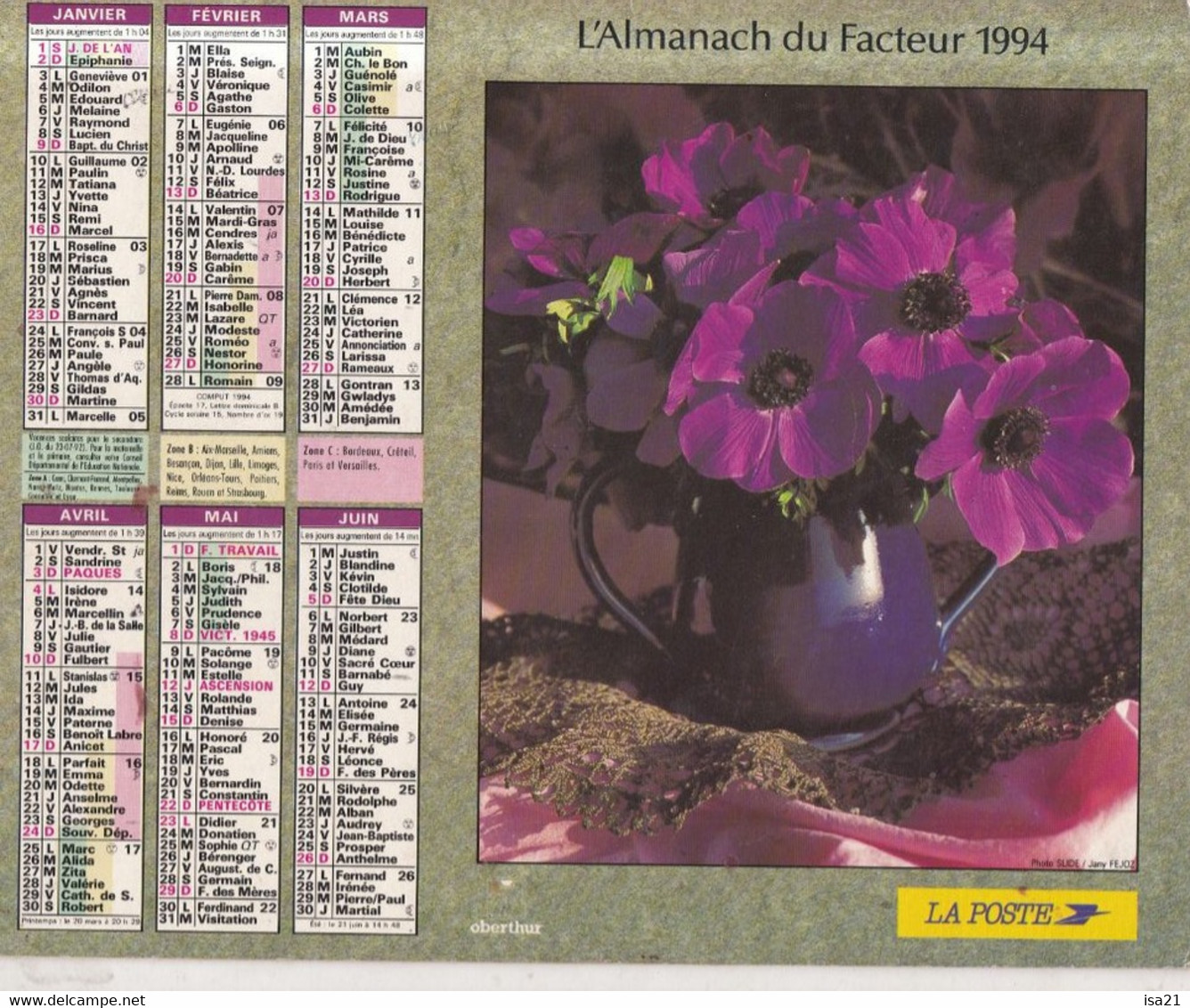 Calendrier De La Poste, Almanach Du Facteur : 1992, Côte D'Or, Pots De Fleurs - Grand Format : 1991-00