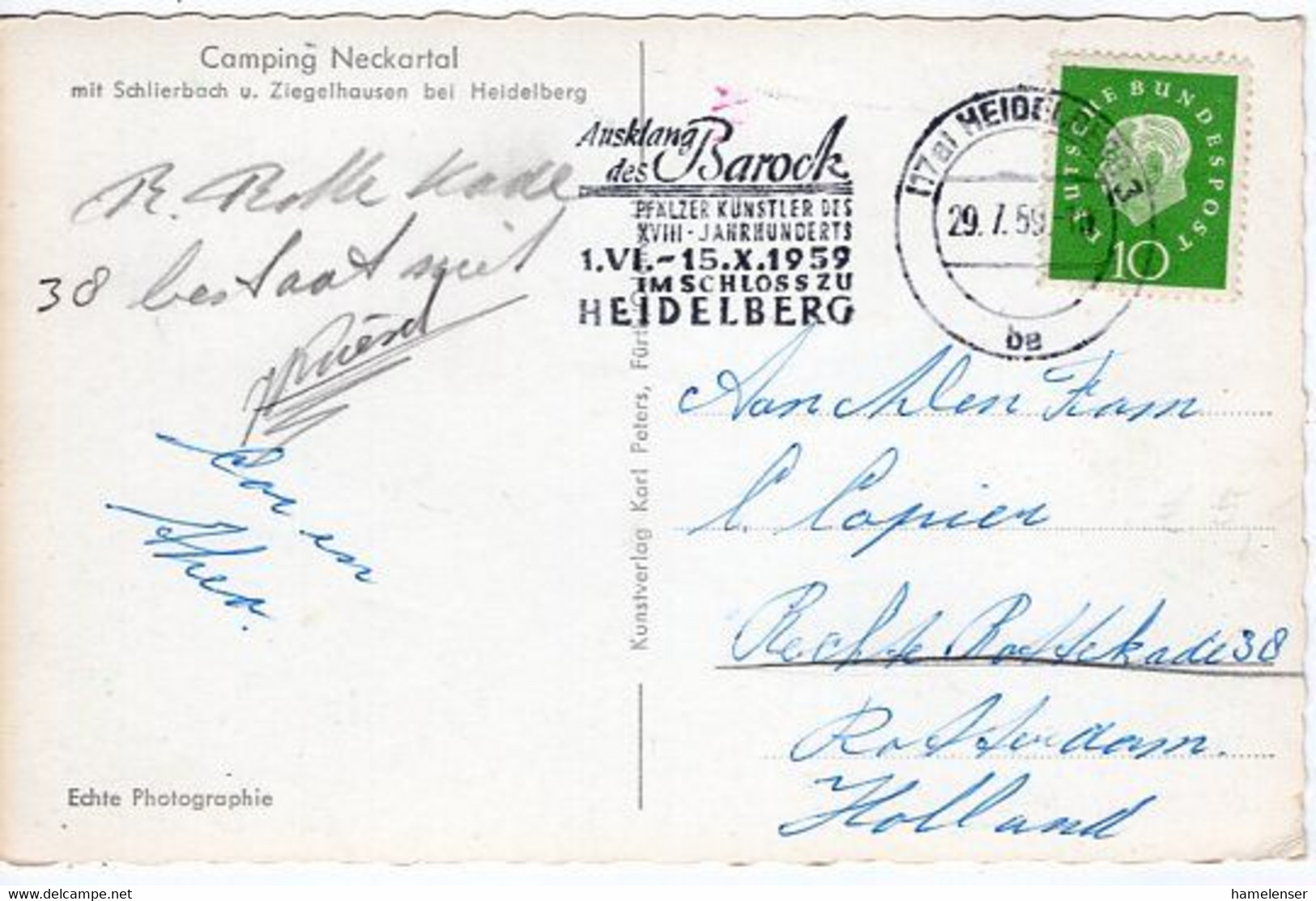 54360 - Bund - 1959 - 10Pfg Heuss III EF A AnsKte HEIDELBERG - AUSKLANG DES BAROCK ... -> Niederlande - Otros & Sin Clasificación