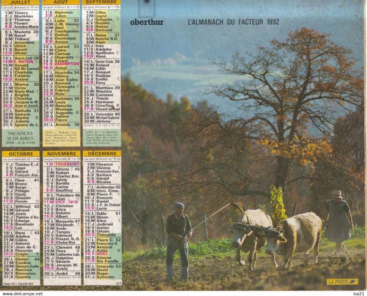 Calendrier De La Poste, Almanach Du Facteur : 1992, Côte D'Or, Scènes De La Vie Paysanne Avec Attelage Chevaux Et Boeufs - Grand Format : 1991-00