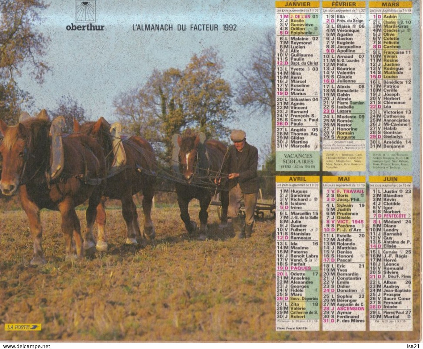 Calendrier De La Poste, Almanach Du Facteur : 1992, Côte D'Or, Scènes De La Vie Paysanne Avec Attelage Chevaux Et Boeufs - Grand Format : 1991-00