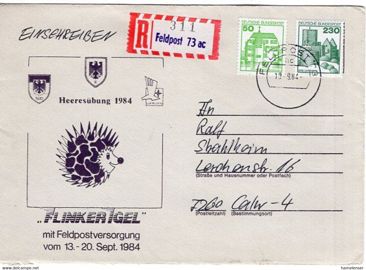 54367 - Bund - 1984 - 230Pfg B&S MiF A Fp-R-Bf FELDPOST 73 -> Calw, Abs Bei StabKpLLBrig25 - Storia Postale