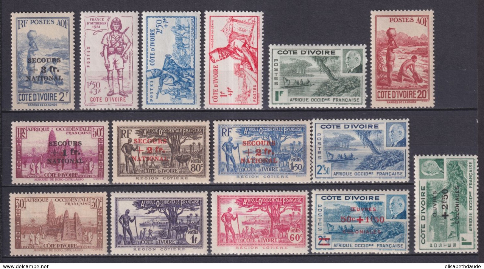 ANNEES COMPLETES 1941/44 - COTE D'IVOIRE - YVERT N° 162/176 * MLH - COTE = 68.5 EUR - Unused Stamps