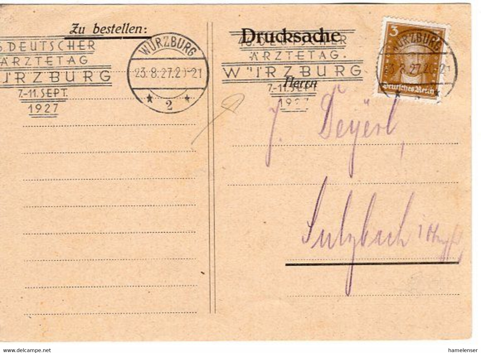 54369 - Deutsches Reich - 1927 - 3Pfg Goethe EF A DrucksKte WUERZBURG - 46. DEUTSCHER AERZTETAG ... -> Sulzbach - Geneeskunde