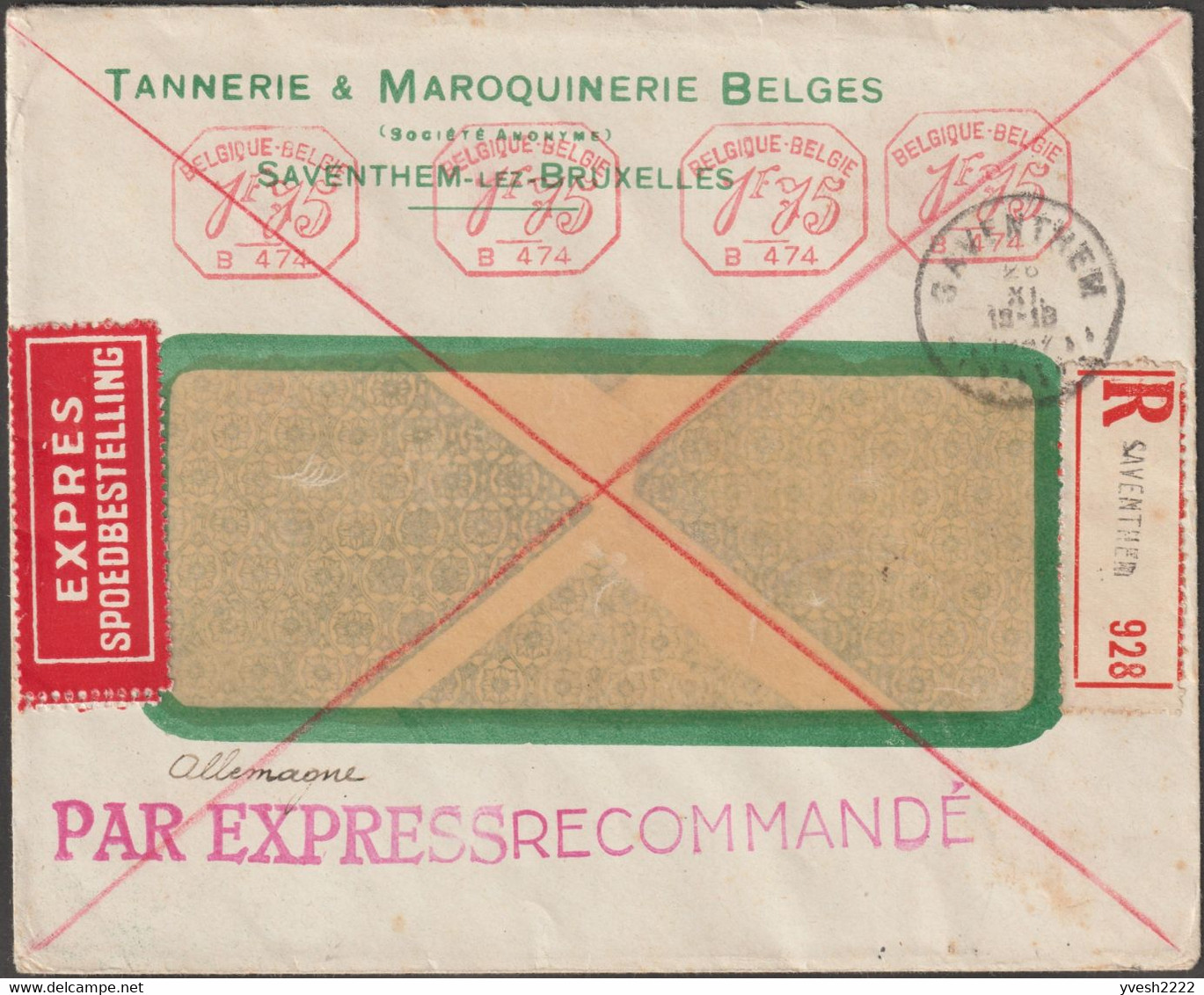 Belgique 1937. Affranchissement Mécanique Valeur Fixe B474, 1.75 F X 4. Recommandé Exprès Saventhem à Luckenwalde - ...-1959