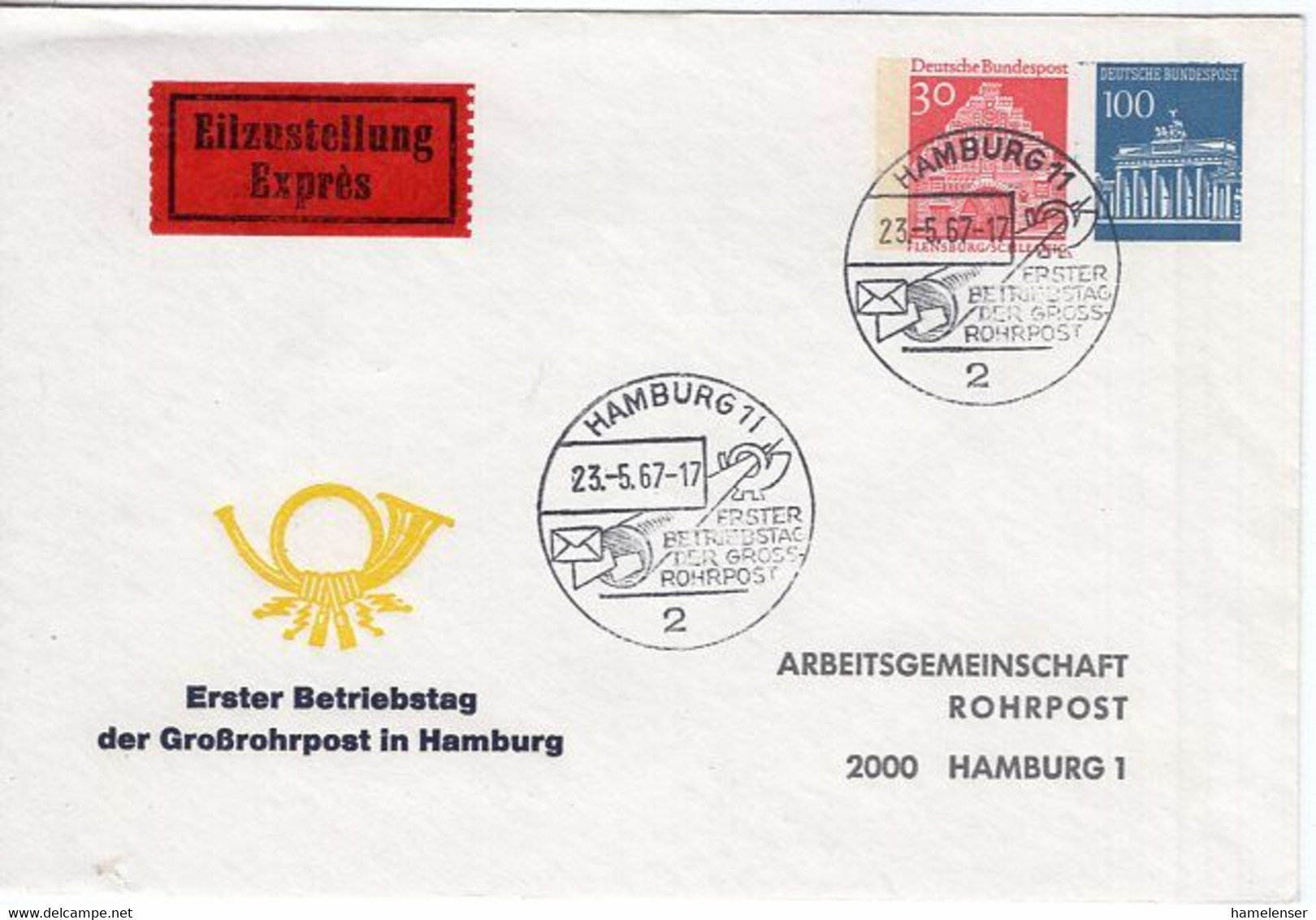 54376 - Bund - 1967 - 30Pfg Gr.Bauten & 100Pfg Brandenburger Tor PGAUmschl "Grossrohrpost In Hamburg" M SoStpl HAMBURG - Post