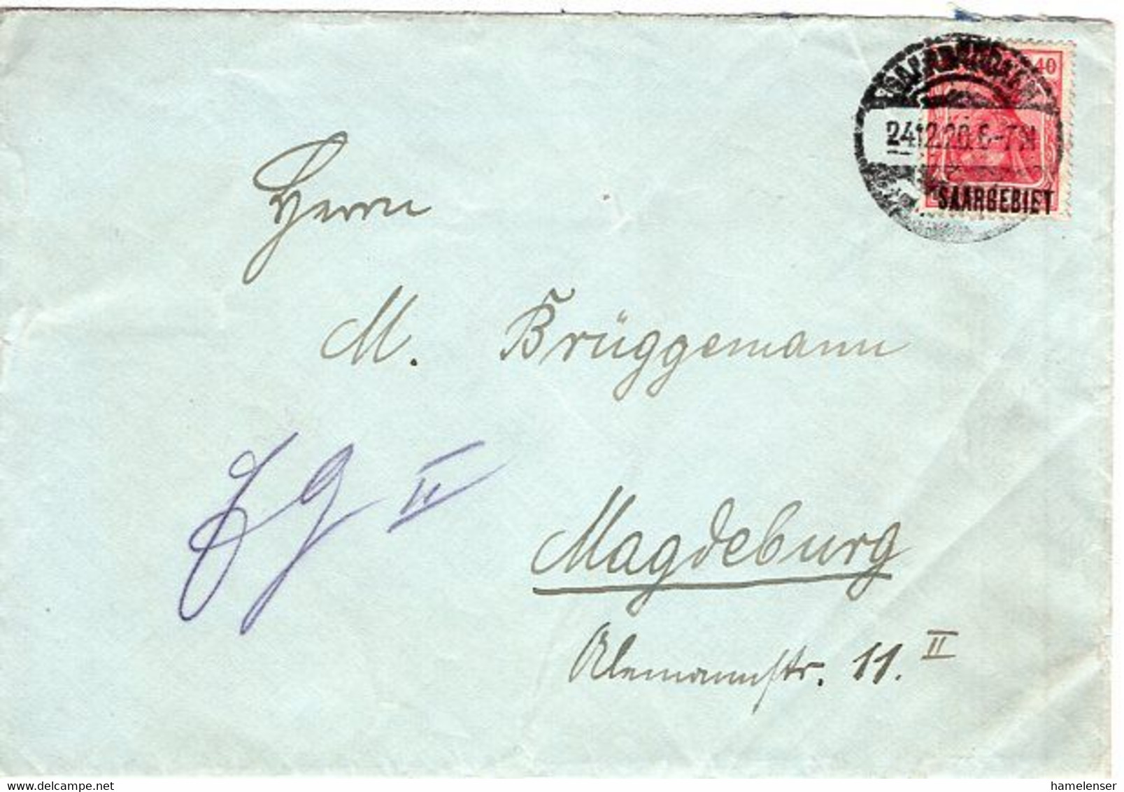 54378 - Deutsches Reich / Saargebiet - 1920 - 40Pfg Germania Aufdruck EF A Bf SAARBRUECKEN -> Magdeburg - Covers & Documents