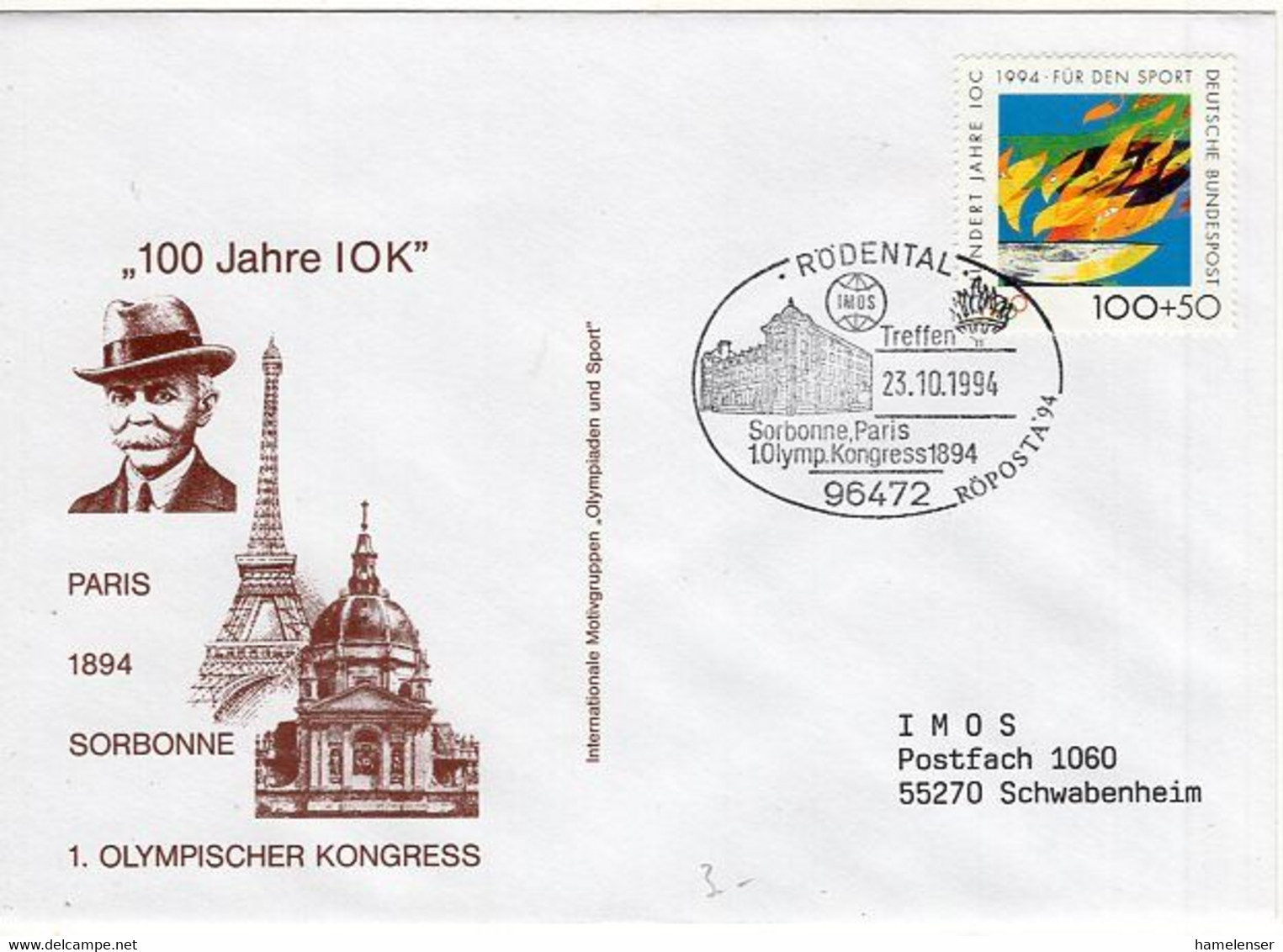 54444 - Bund - 1994 - 100Pfg IOC A Bf SoStpl ROEDENTAL - 1. OLYMP. KONGRESS ... -> Schwabenheim - Other & Unclassified