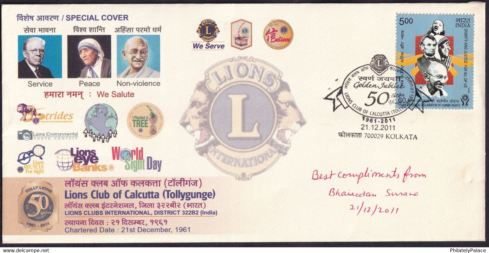 India 2011 Special Cover, Lions Club Of Calcutta & International, Mahatma Gandhi , Mother Teresa (**) Inde Indien - Cartas & Documentos