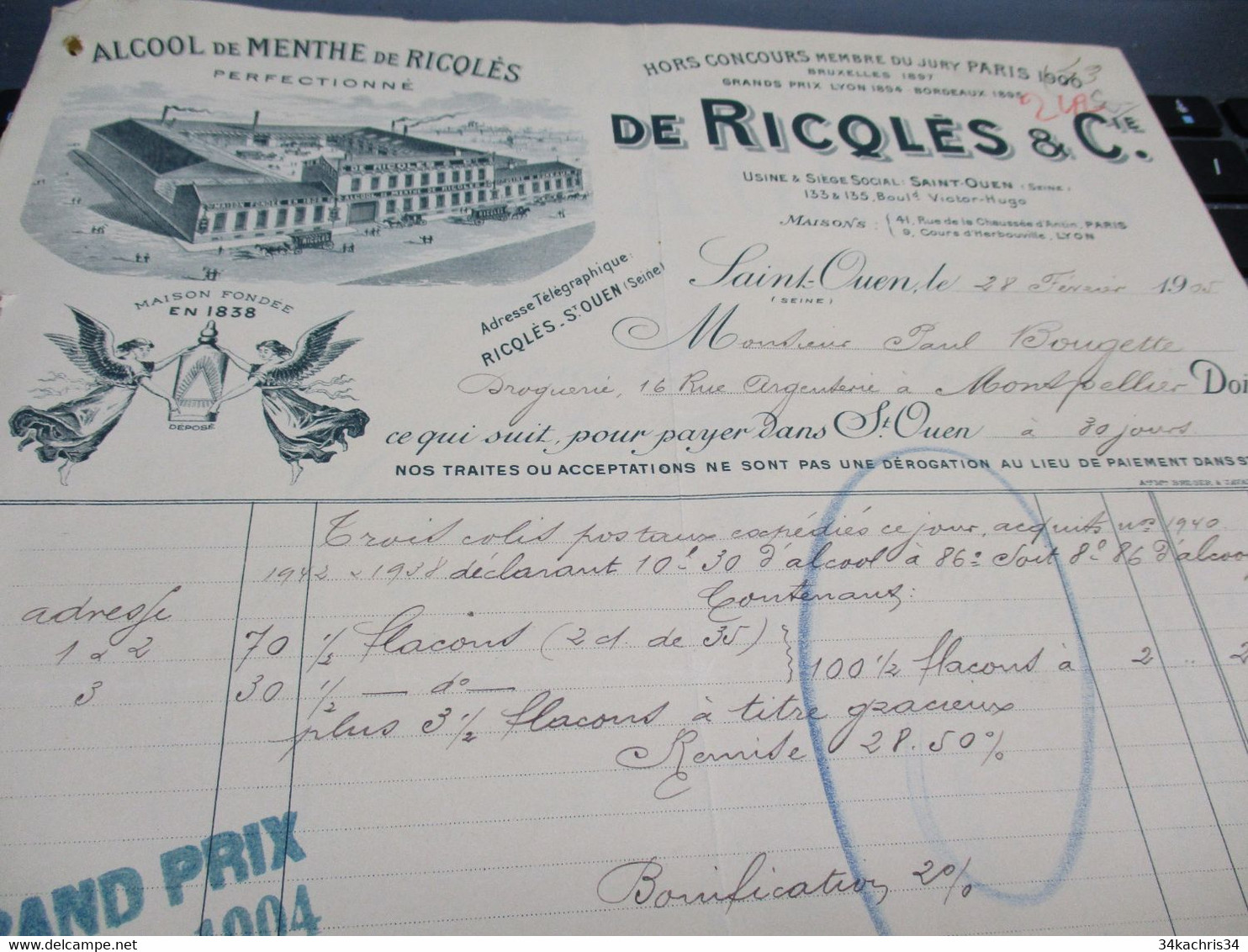 FACTURE ILLUSTREE  De Ricqlès 195 Saint Ouen Alcool De Mente - Alimentaire