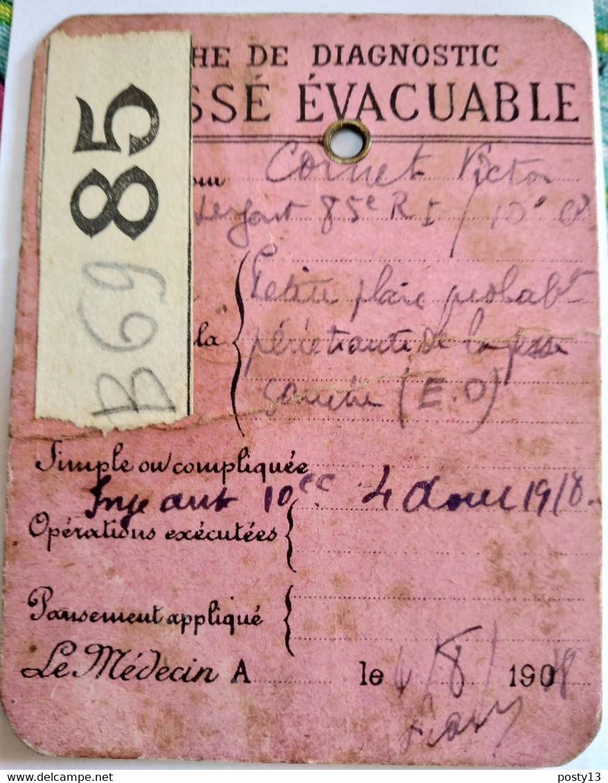 WW1 - Fiche De Diagnostic BLESSÉ EVACUABLE - Victor Cornet Sergent 85 ème R.I - 1918 - 1914-18