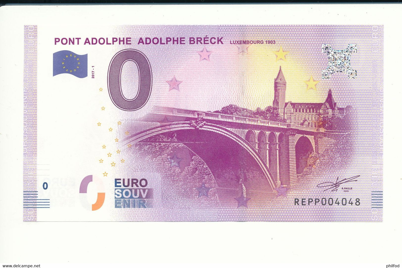 Billet Souvenir - 0 Euro - REPP - 2017-1 - PONT ADOLPHE ADOLPHE BRÉCK LUXEMBOURG 1903 - N° 4048 - Billet épuisé - Kiloware - Banknoten