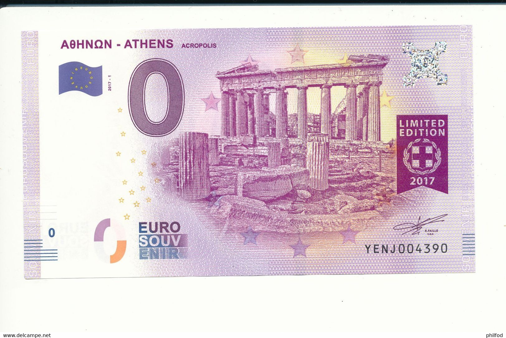 Billet Souvenir - 0 Euro - YENJ - 2017-1 - ATHENS - ACROPOLIS LIMITED EDITION 2017 - N° 4390 - Alla Rinfusa - Banconote