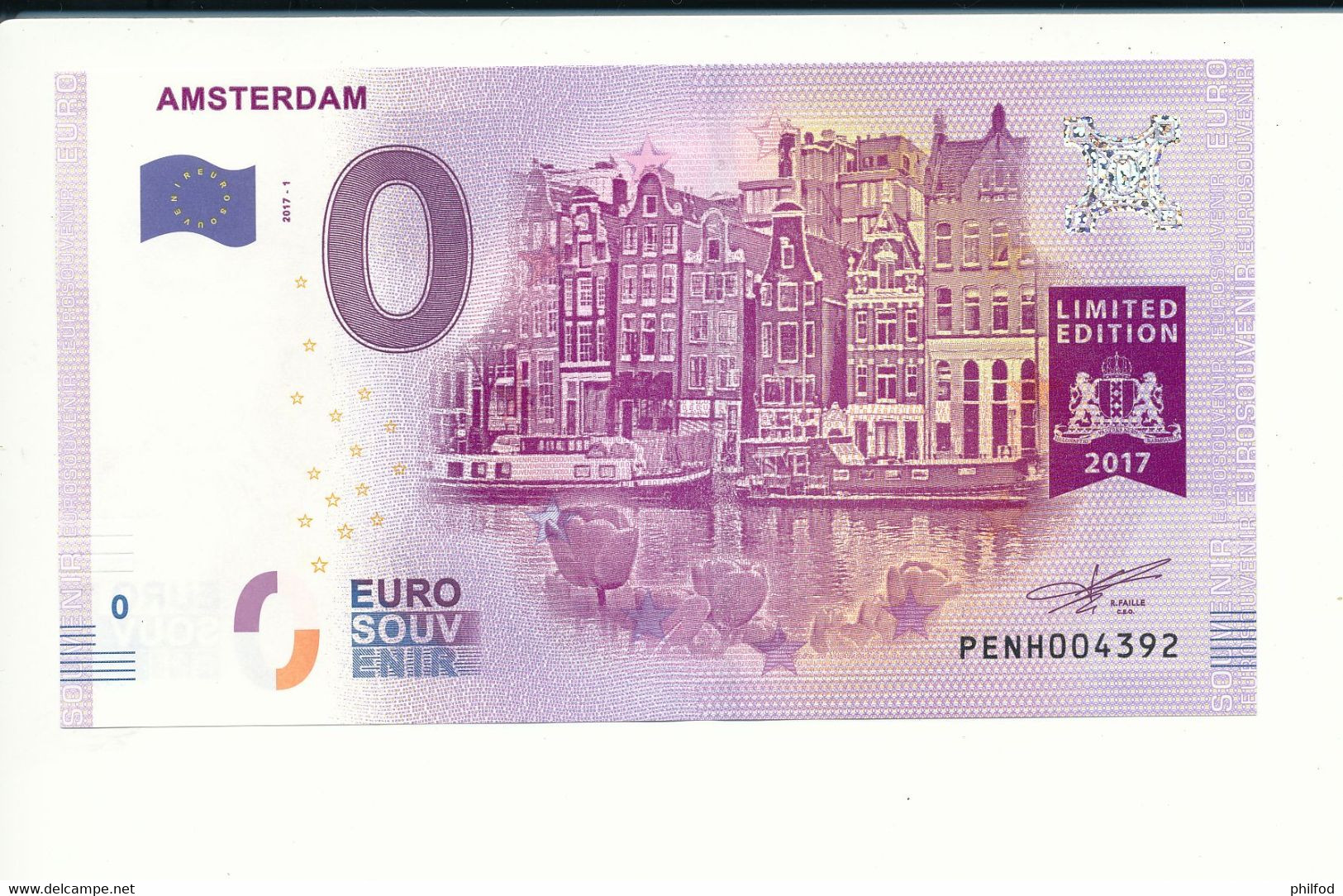 Billet Souvenir - 0 Euro - PENH - 2017-1 - AMSTERDAM LIMITED EDITION 2017 - N° 4392 - Vrac - Billets