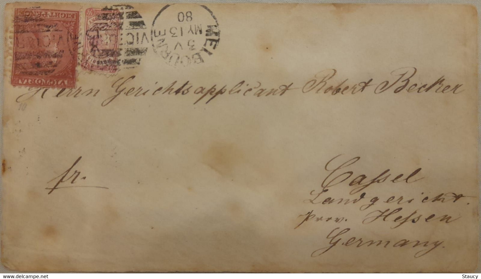 AUSTRALIA VICTORIA 1880 QV 8d Brown (Sg#194) + 1/2d Rose (Emergency Paper) Franked On Cover Melbourne To GERMANY, Rare - Covers & Documents