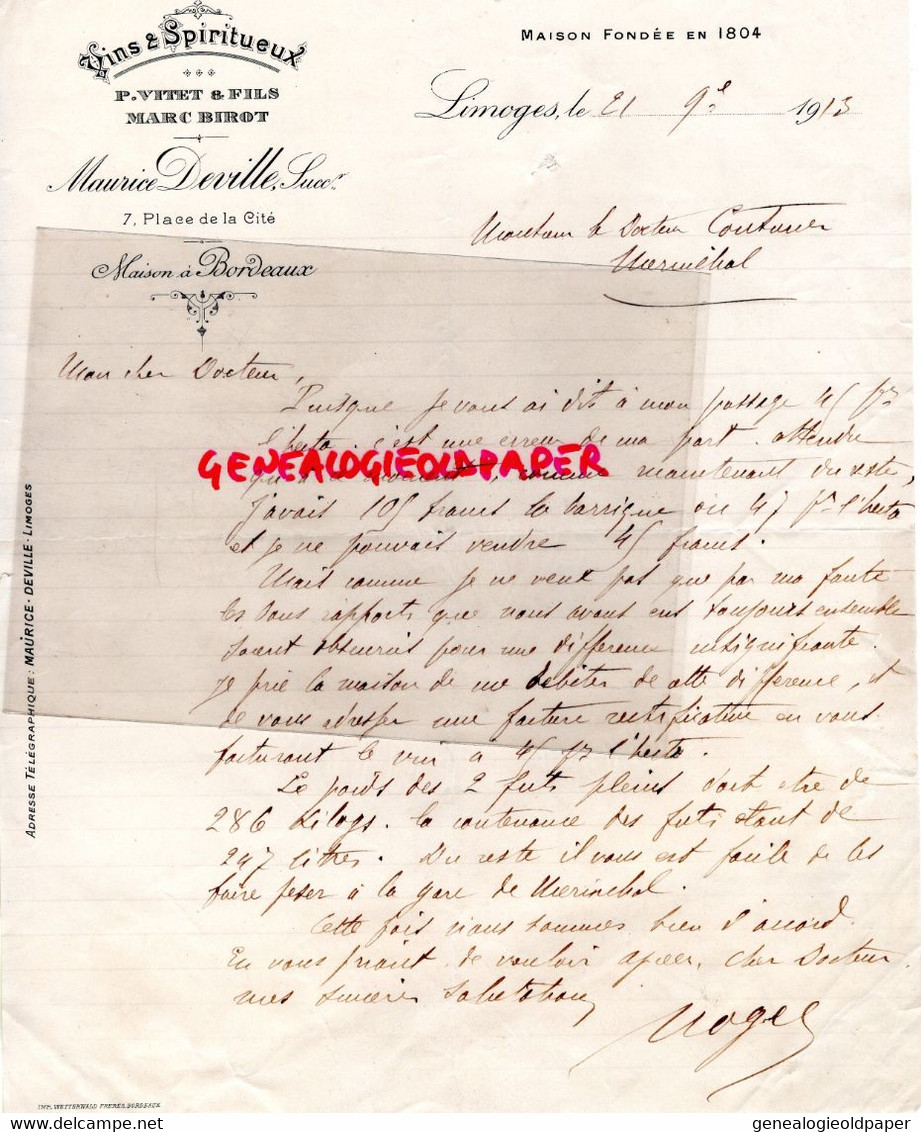 87- LIMOGES- FACTURE P. VITET & FILS-MARC BIROT- MAURICE DEVILLE-7 PLACE CITE- BORDEAUX-DOCTEUR COUTURIER MERINCHAL-1913 - Lebensmittel