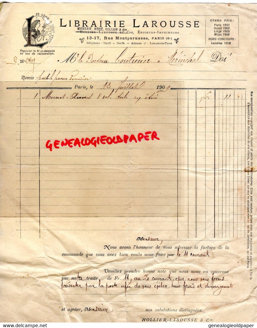 75- PARIS- RARE FACTURE LIBRAIRIE IMPRIMERIE  LAROUSSE- MOREAU AUGE GILLON- 13 RUE MONTPARNASSE-1909 - Druck & Papierwaren