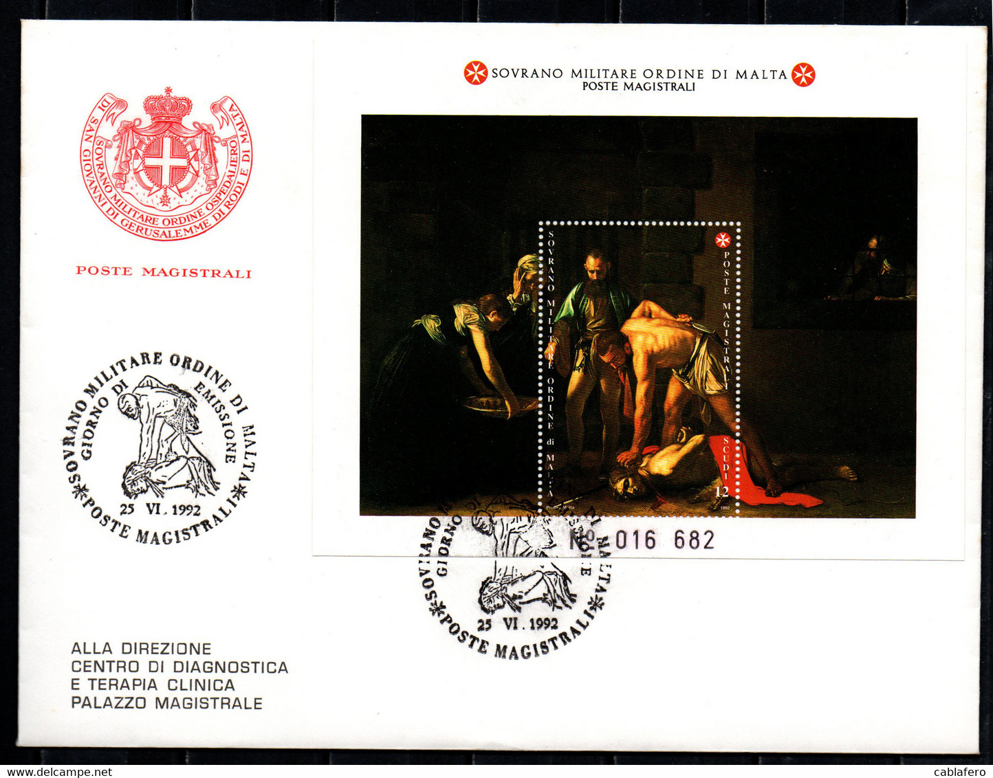 SMOM - 1992 - DECOLLAZIONE DEL BATTISTA - DEL CARAVAGGIO (CHIESA DI SAN GIOVANNI BATTISTA - LA VALLETTA) - FDC - Sovrano Militare Ordine Di Malta