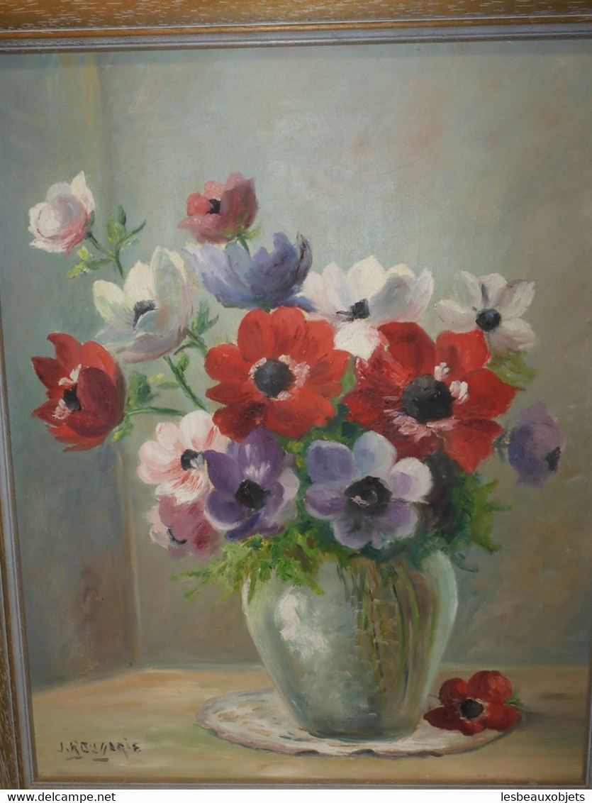 *BELLE HUILE / TOILE TABLEAU BOUQUET D'ANEMONES signé J ROUSSARIE cadre cérusé  E