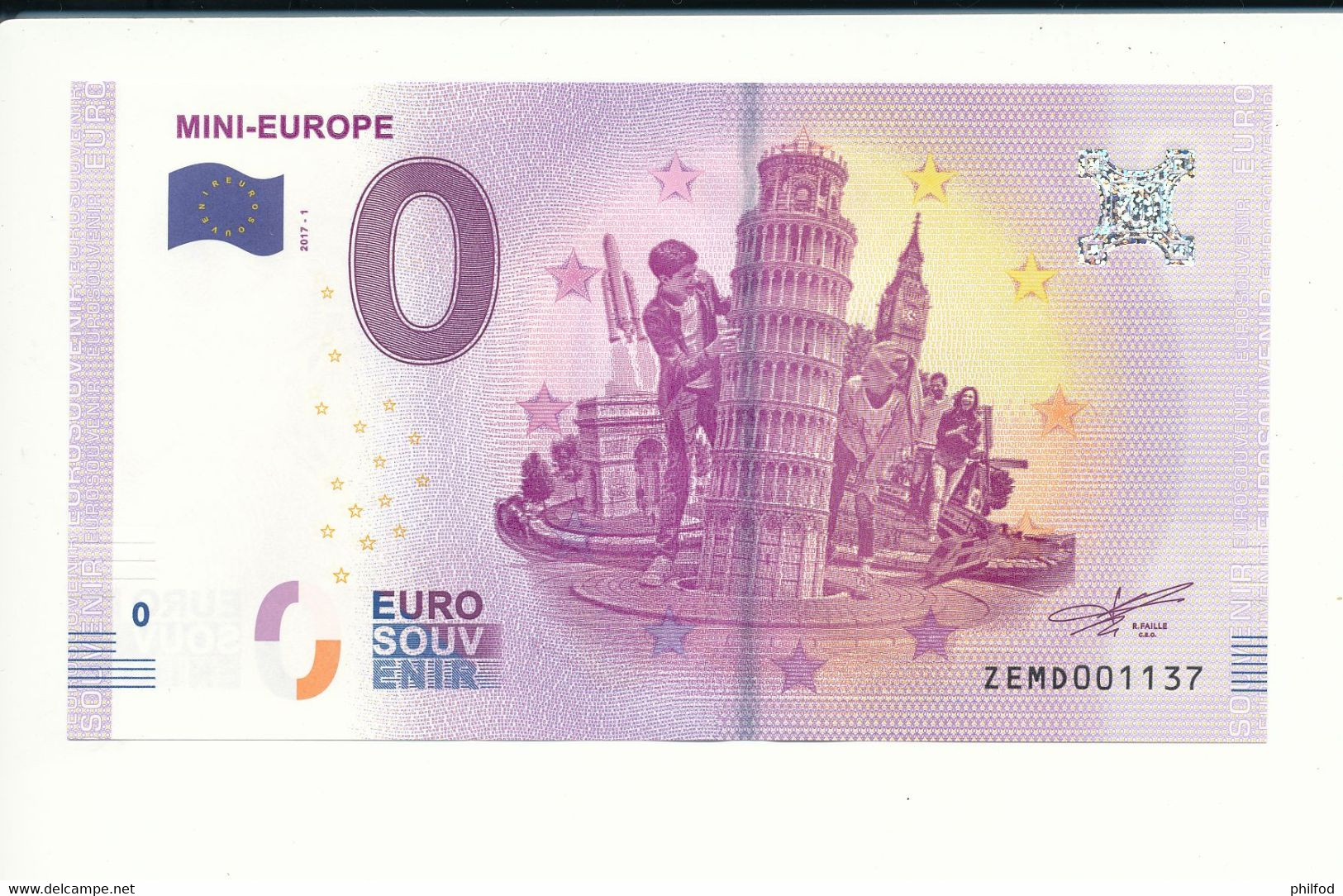 Billet Souvenir - 0 Euro - ZEMD- 2017-1 - MINI-EUROPE- N° 1137 - Billet épuisé - Kiloware - Banknoten