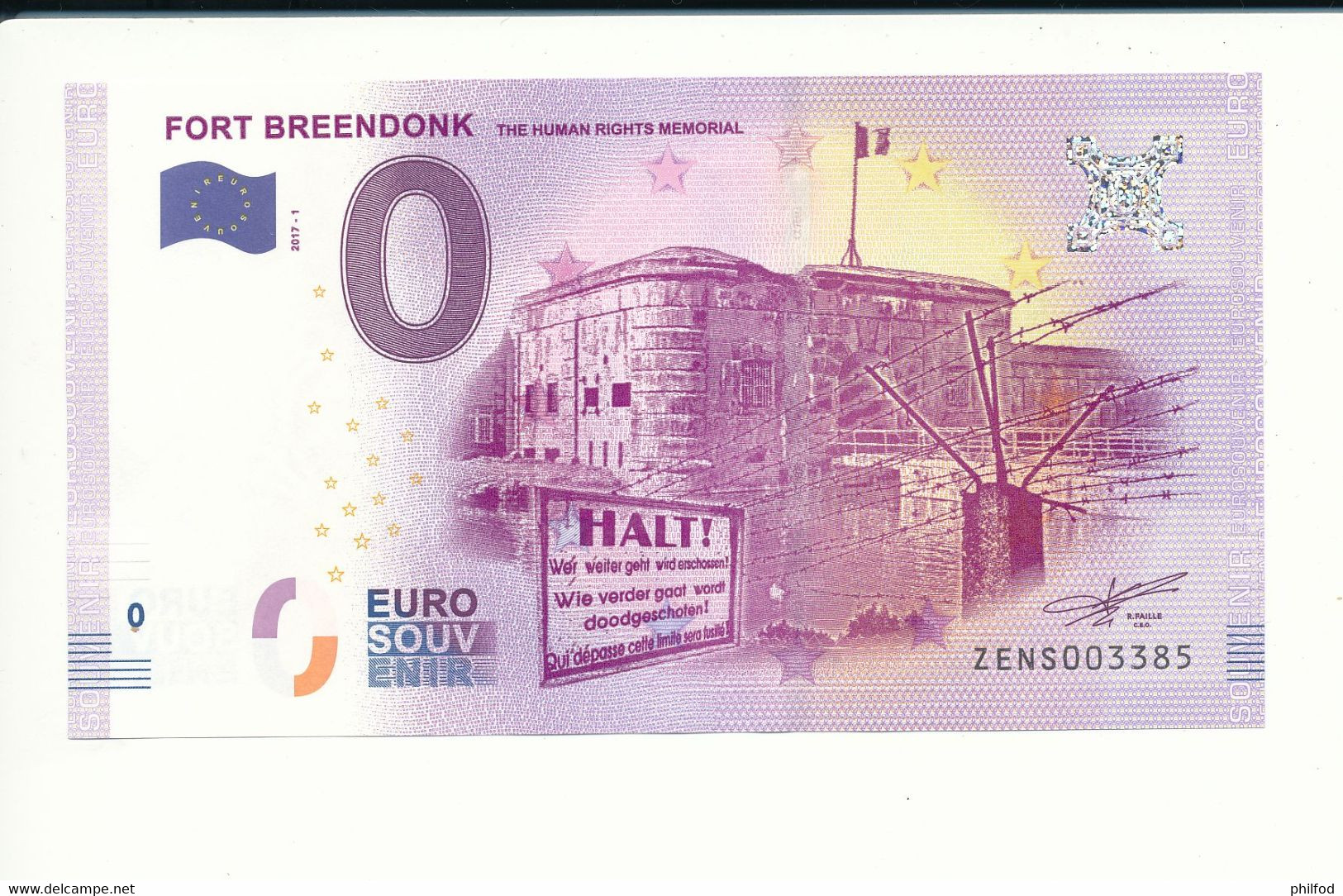 Billet Souvenir - 0 Euro - ZENS- 2017-1 - FORT BREENDONK THE HUMAN RIGHTS MEMORIAL- N° 3385 - Alla Rinfusa - Banconote