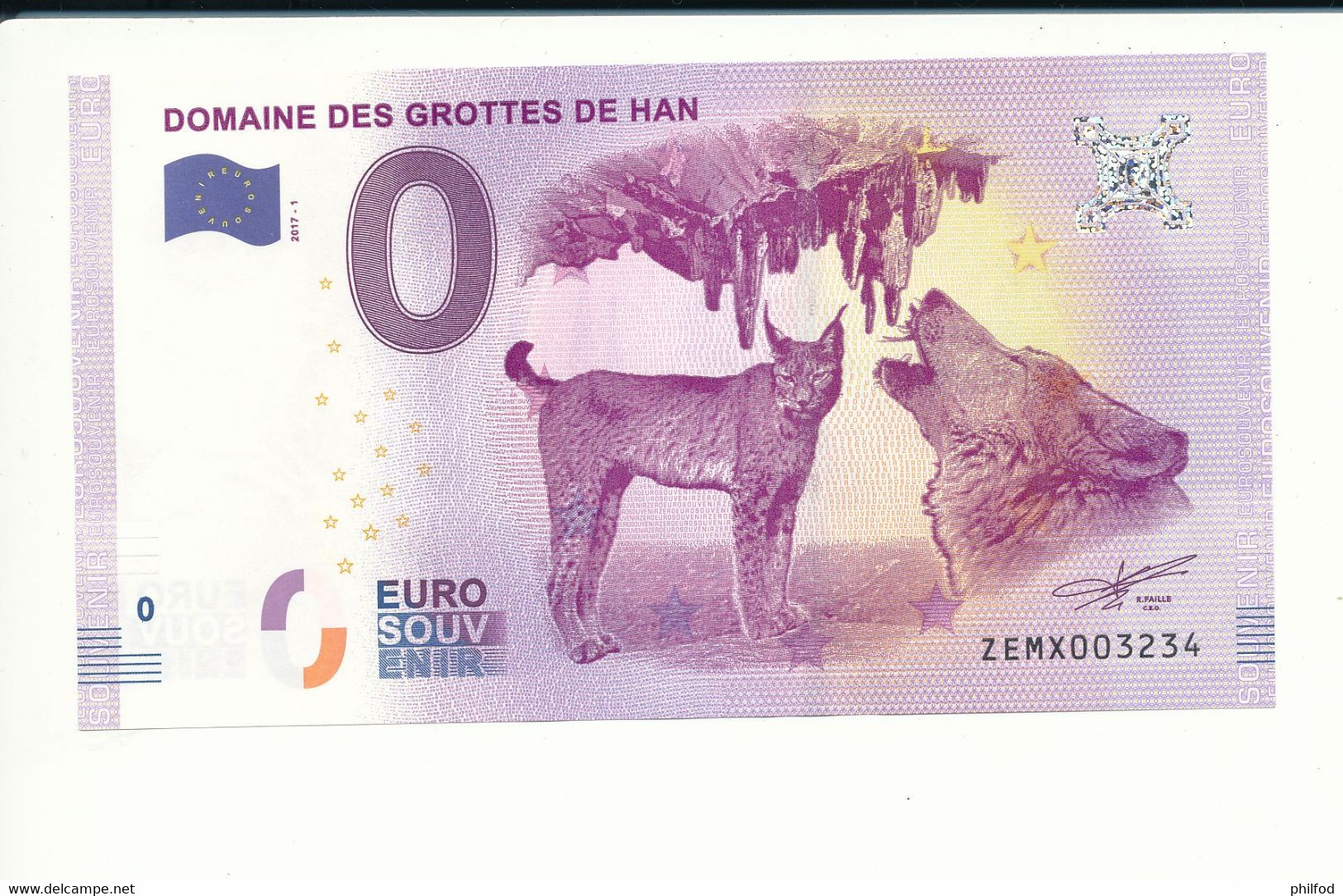 Billet Souvenir - 0 Euro - ZEMX- 2017-1 - DOMAINE DES GROTTES DE HAN- N° 3234 - Billet épuisé - Kilowaar - Bankbiljetten