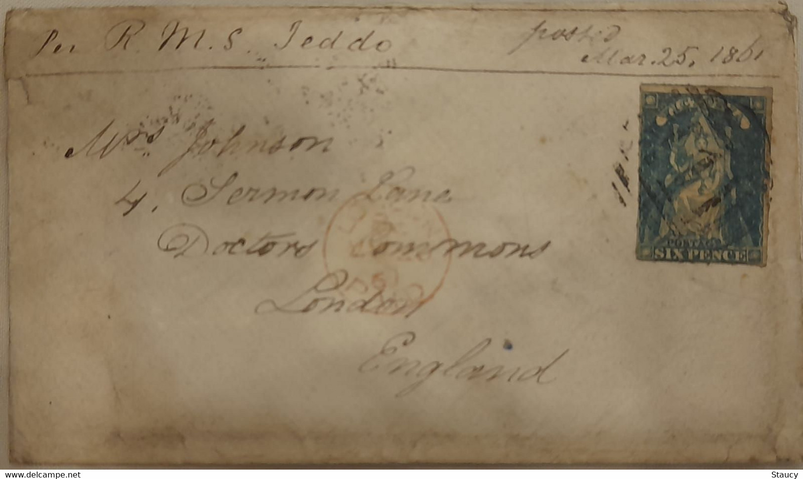 AUSTRALIA VICTORIA 1861 QV 6p Blue Franked On "RMS" Cover Tied With Grill Cancellation Melbourne To London As Per Scan - Lettres & Documents