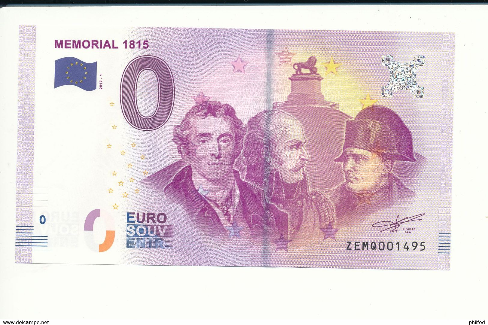 Billet Souvenir - 0 Euro - ZEMQ- 2017-1 - MEMORIAL 1815 - N° 1495 - Billet épuisé - Kiloware - Banknoten