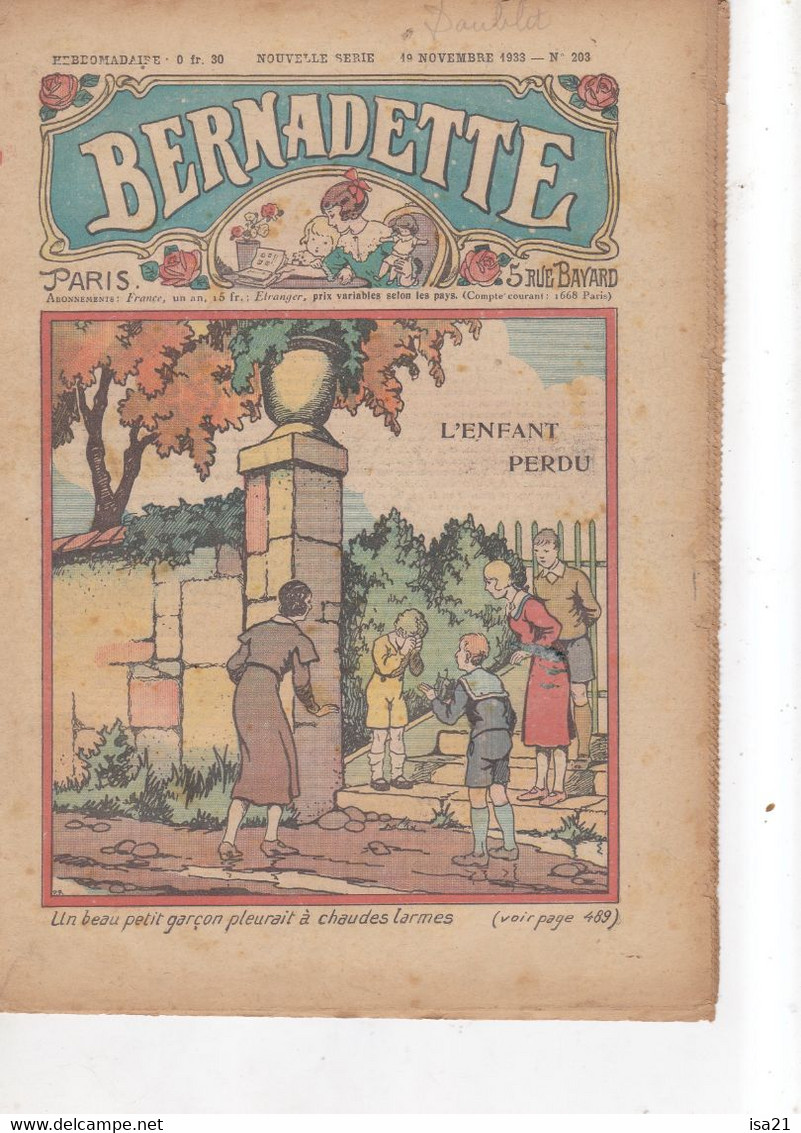 BERNADETTE, L'amie Des Fillettes, N° 203, 19 Novembre 1933, L'enfant Perdu, Au Clair De La Lune, Bavoir, Etc. - Bernadette