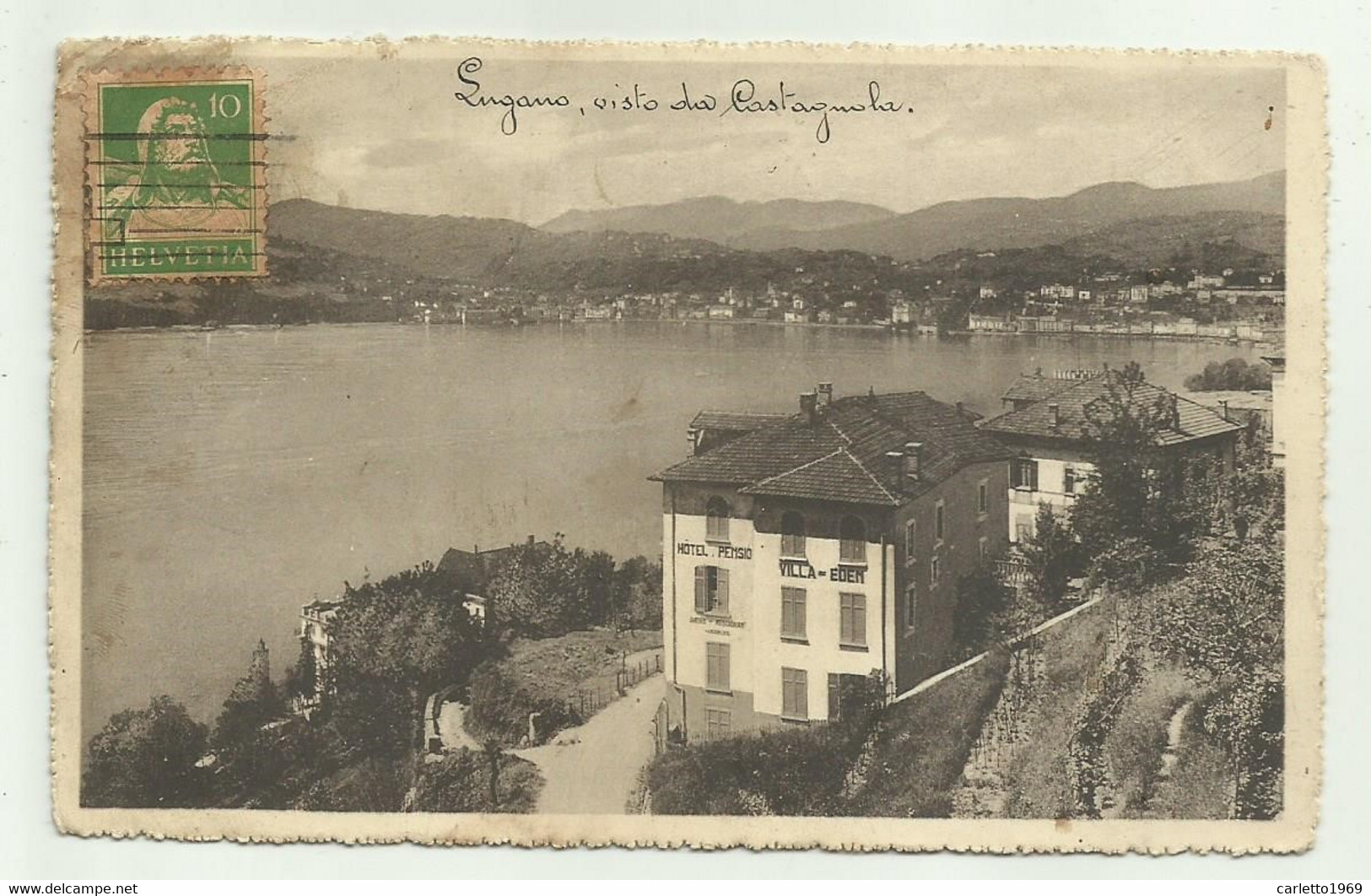 LUGANO, VISTO DA CASTAGNOLA CON HOTEL VILLA  EDEN  1924   VIAGGIATA FP - Agno