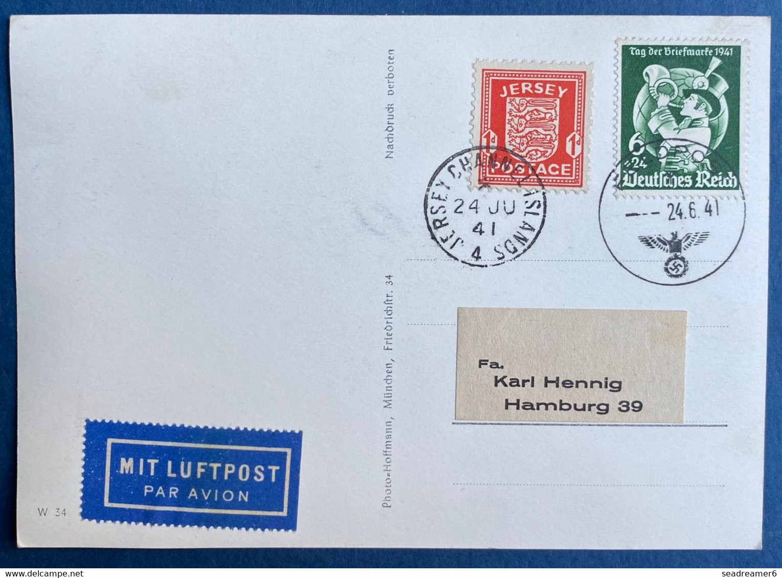 Jersey Occupation Allemande Carte Postal Du FUHRER Mixte Allemagne/Jersey De 24 Juin 1941 Pour Hambourg Pas Commun - Jersey