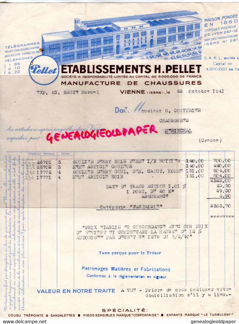 38- VIENNE - FACTURE H. PELLET-MANUFACTURE CHAUSSURES-1941 - Kleidung & Textil